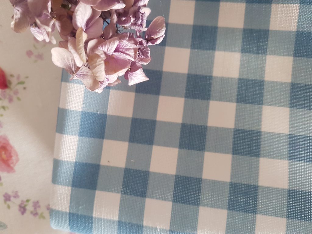 Peacock And Ivory Gingham Linen Fabric Rose And Foxgloves 6345