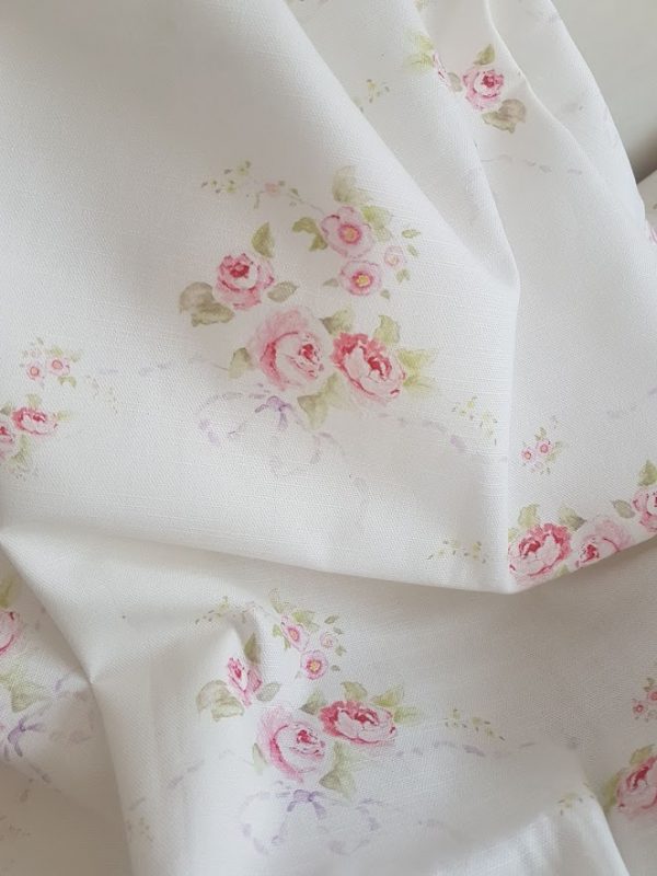 Rose and Bows on Soft Ivory Linen Fabric