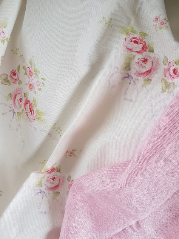 Rose and bows faded floral linen fabric by rose and foxgloves