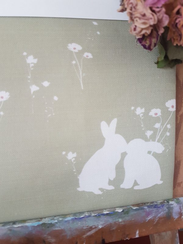Meadow Rabbits in Pasture Green Linen Fabric