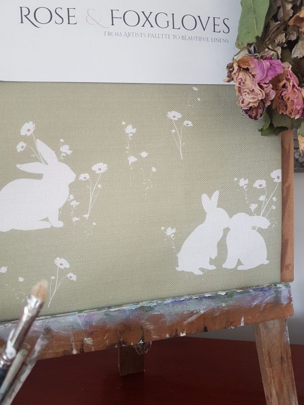Meadow Rabbits in Pasture Green on a Linen Rich Fabric
