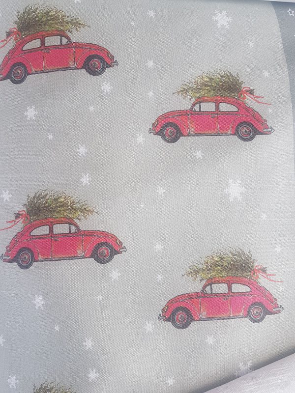 Bringing Home the Tree VW with christmas tree on roof grey linen