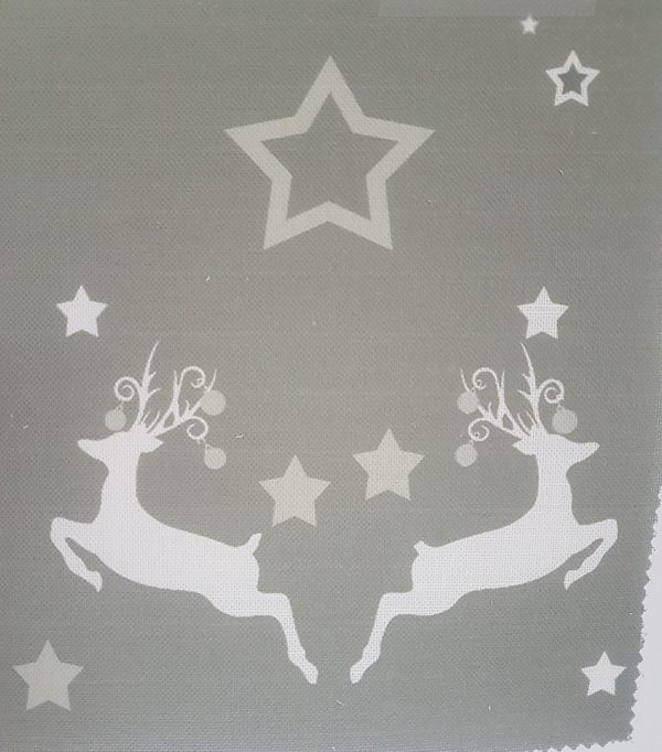 Christmas Dancing Stags and Baubles on Grey Linen Fabric- By Rose and Foxgloves