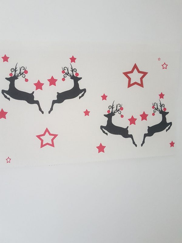 Christmas Dancing Stags and Baubles on Ivory Linen Fabric- By Rose and Foxgloves