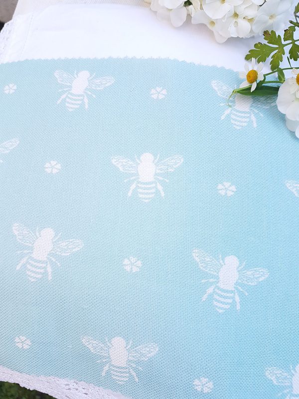 Gorgeous busy Garden Bees on Turquoise Ground Linen.