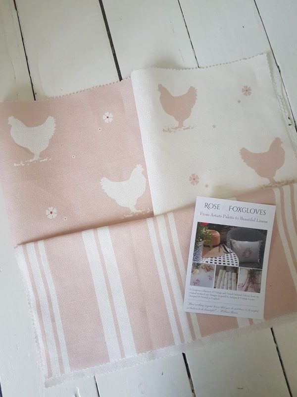 Hens and Daisies on pink linen fabric by Rose and Foxgloves