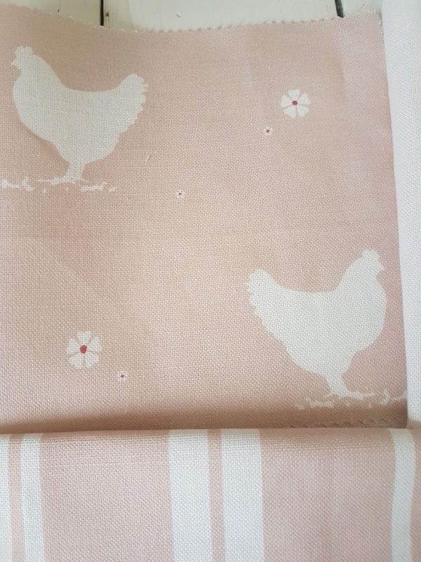 Hens and Daisies on pink linen fabric by Rose and Foxgloves