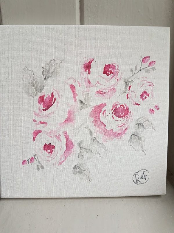Bourbon Roses Acrylic Signed Painting on box mount by Rose and Foxgloves