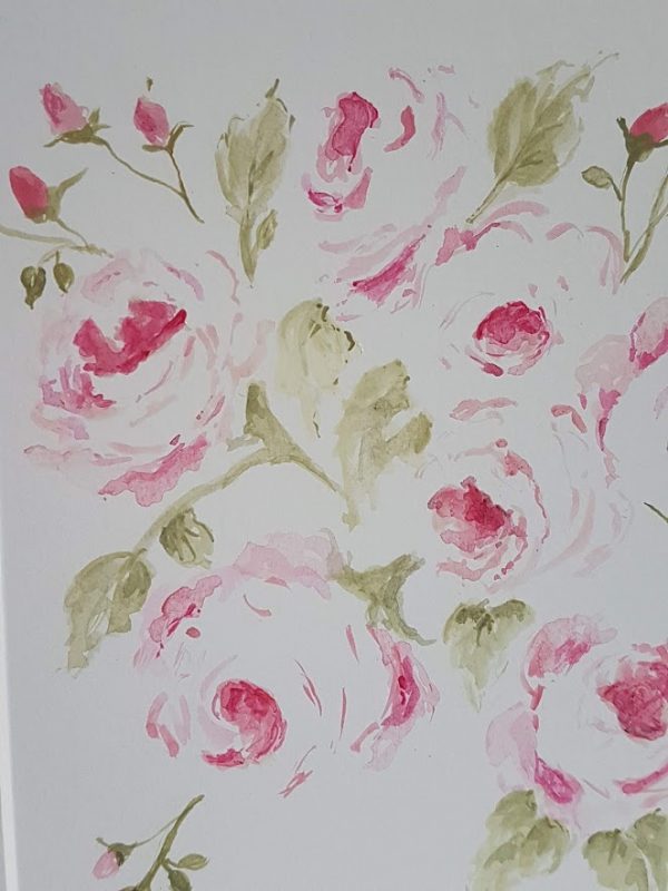 Pink Roses Acrylic Signed Painting in mount by Rose and Foxgloves