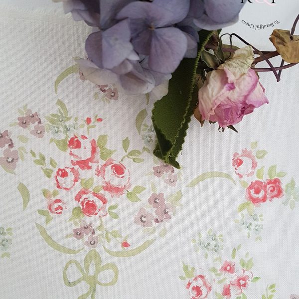 The Rose Garden French Floral Soft Green Ribbon Violets and Roses Linen Fabric