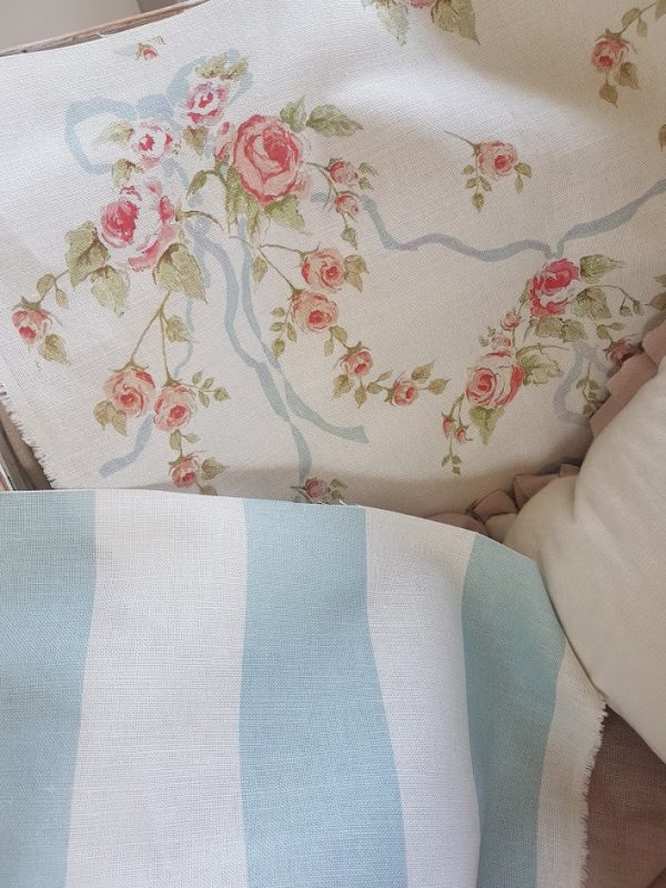 Ribbon and Roses Floral Linen Fabric soft sky blue