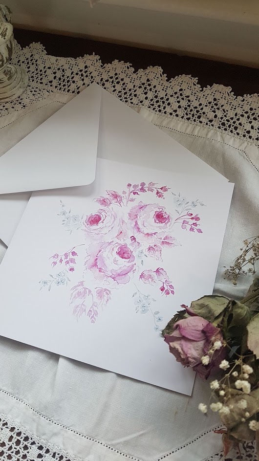 Roses with Love. Original Watercolour Signed Blank Card with Envelope