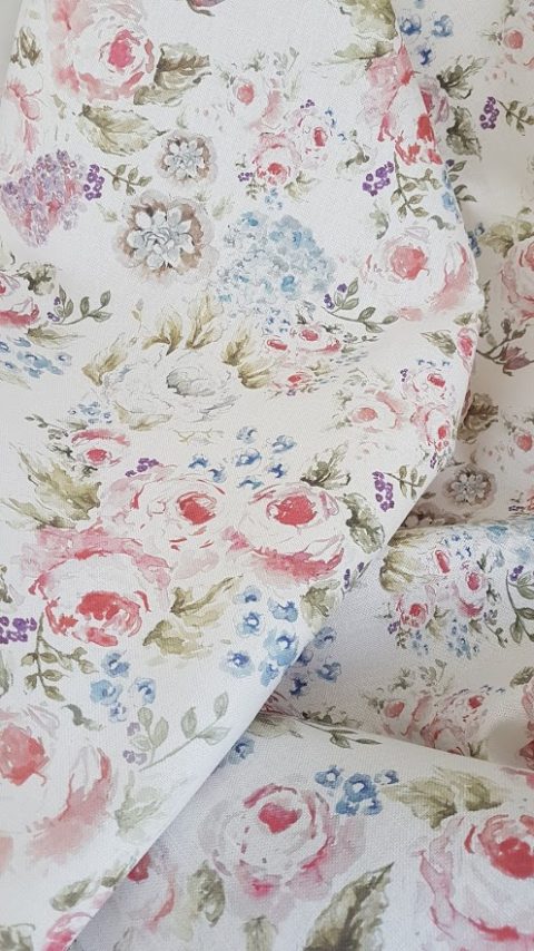 Cabbage Roses Vintage Style Floral Linen Fabric – Rose and Foxgloves