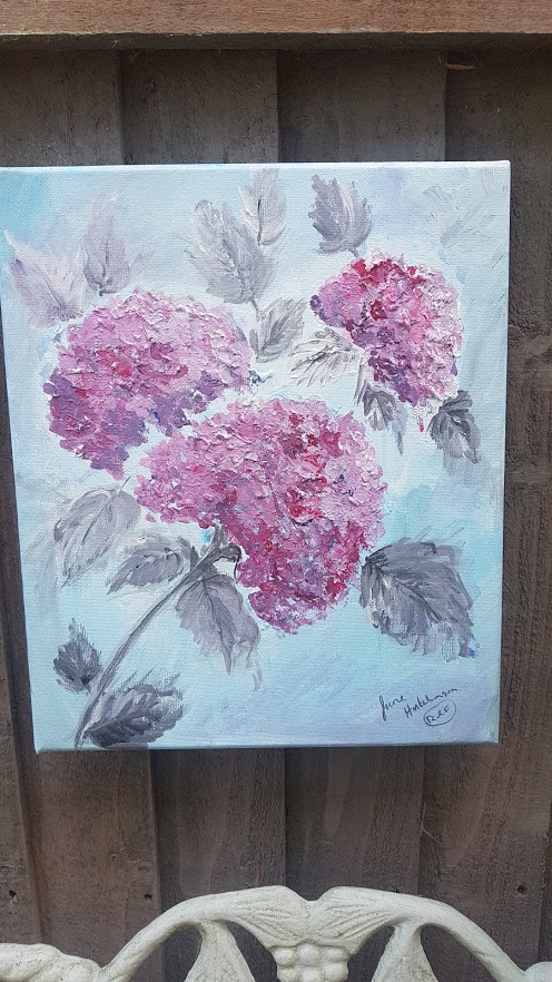Hydrangea Signed Acrylic Painting by Rose and Foxgloves