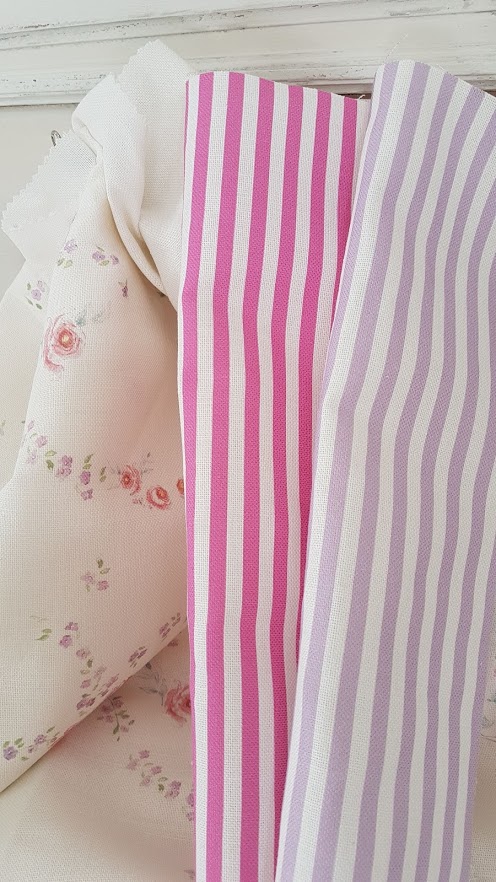Lilac stripes Linen fabric rose and foxgloves