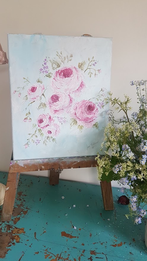 Musk Roses and Blue Skies Original Signed Acrylic Painting by Rose and Foxgloves-2 Drying flowers in a paint pot by Rose and Foxgloves Fabrics