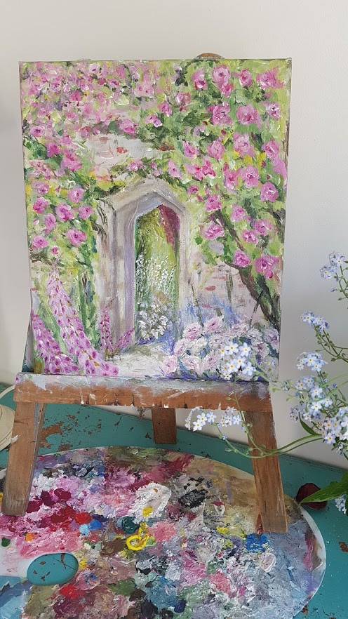 The Secret Garden Acrylic Painting by Rose and Foxgloves-5 The Secret Garden Signed Original Acrylics Painting on Canvas