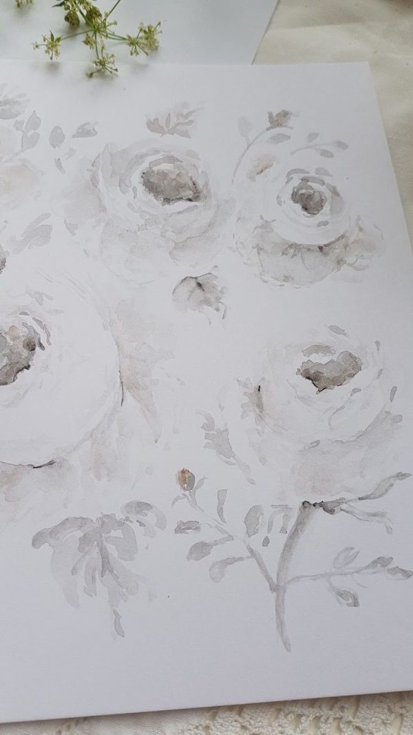 Vintage Grey Roses Watercolour Original Card