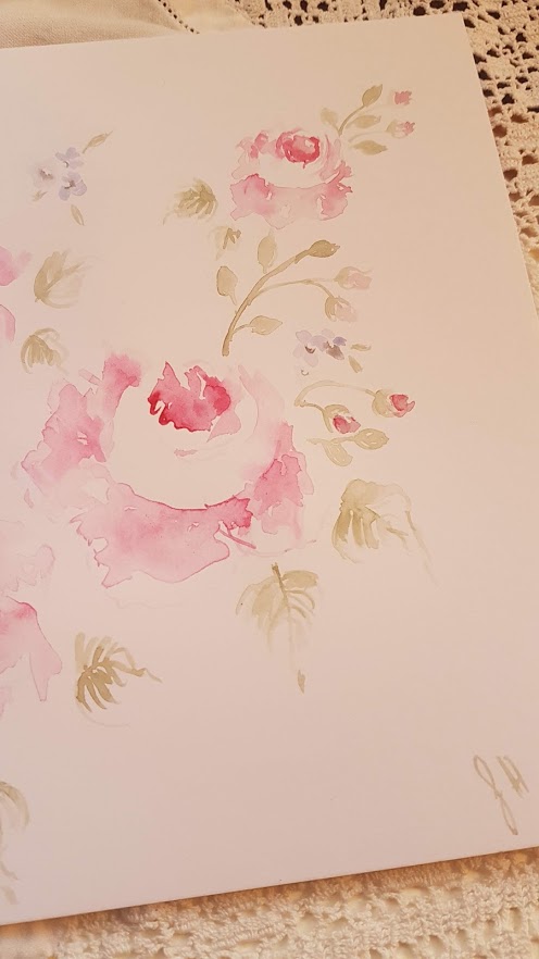 Morning Roses Original signed watercolour card by rose and foxgloves