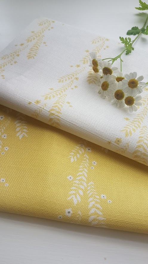 Leaf and Blossom Daffodil and Ink on Ivory Linen Fabric