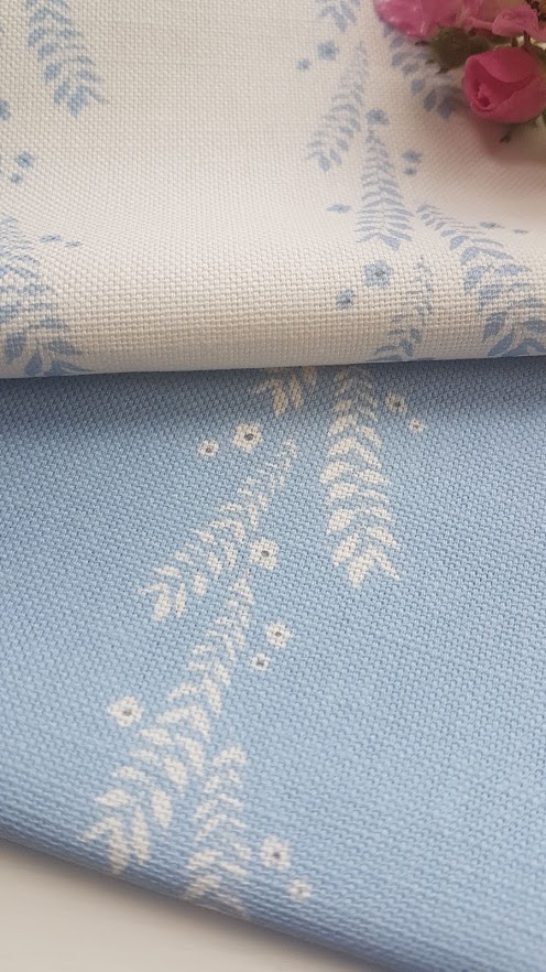 Leaf and Blossom In Sky Blue and Ink Floral Linen Fabric