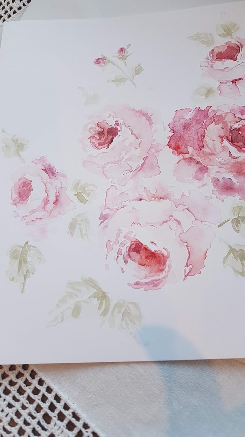 August Roses watercolour original painted card by Rose and Foxgloves