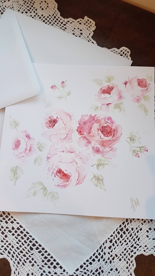August Roses watercolour original painted card by Rose and Foxgloves