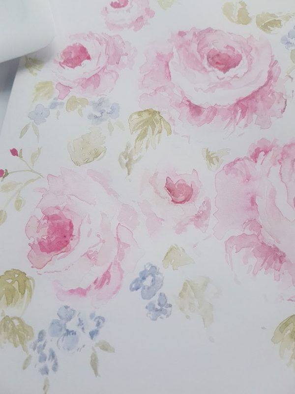 Pink Cabbage Roses Original signed watercolour card with envelope by Rose and Foxgloves