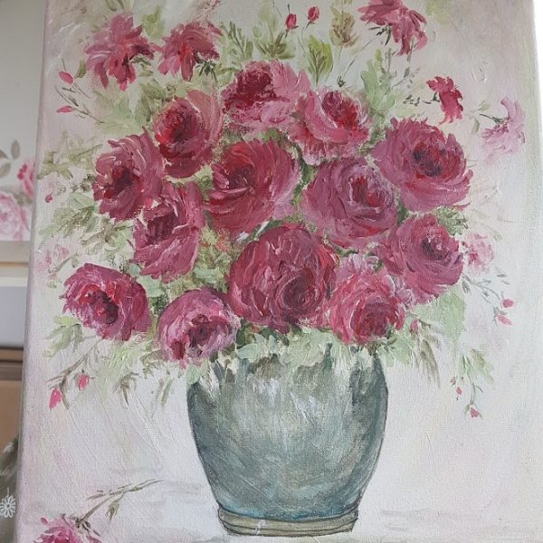 Pot full of Roses Signed Painting by Rose and Foxgloves