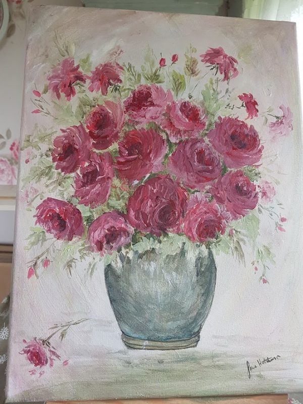 Pot full of Roses Signed Painting by Rose and Foxgloves