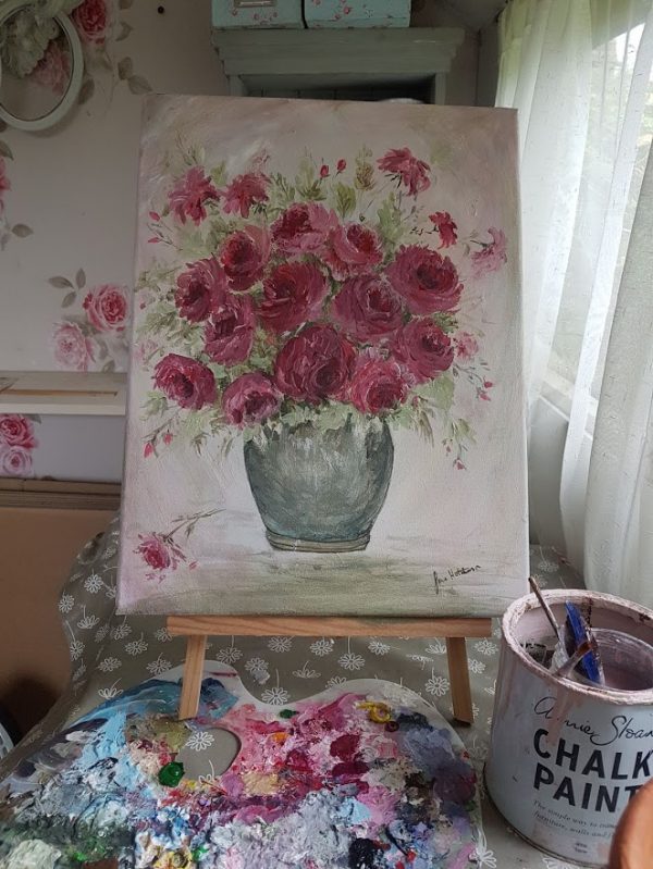 Pot full of Roses Signed Painting by Rose and Foxgloves