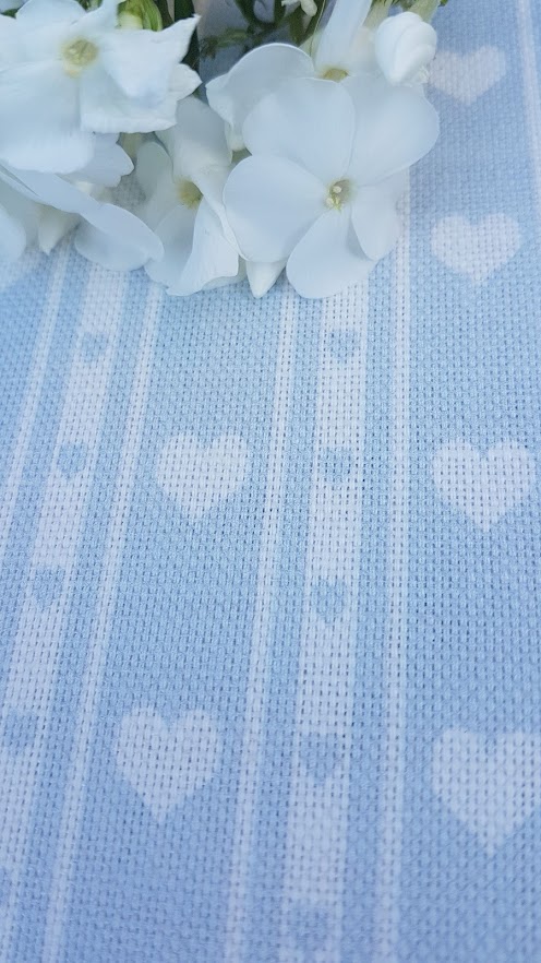 Powder Blue & Ivory Heart Ticking Linen Fabric