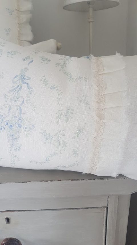 French , Ripped Edge Ruffle and Lace Posy Basket Blue Bolster Cushion ...