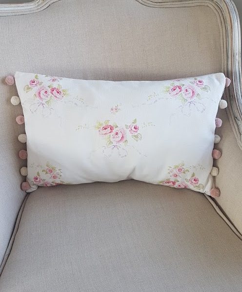 Rose and Bows Floral Bolster Cushion with Dusky Rose and Ivory PomPom trim