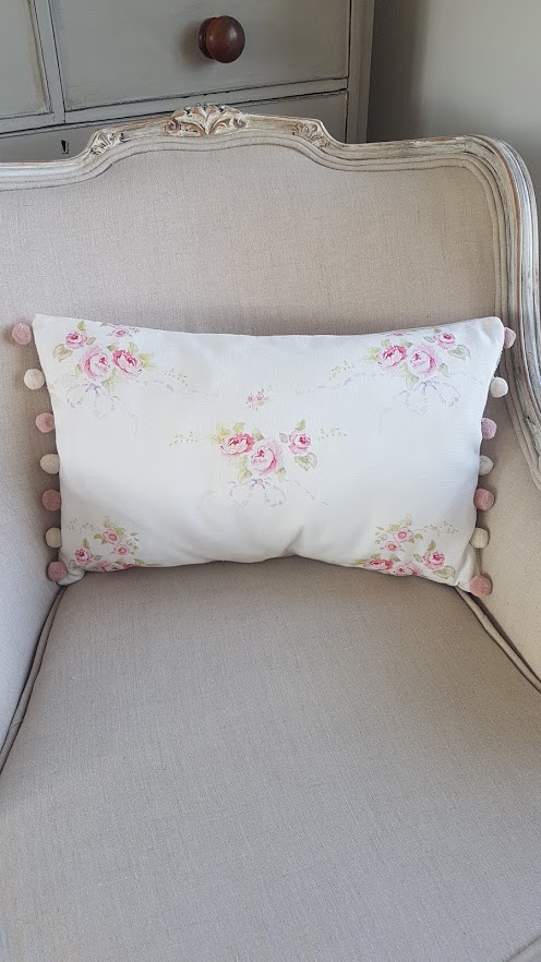 Rose and Bows Floral Bolster Cushion with Dusky Rose and Ivory PomPom trim