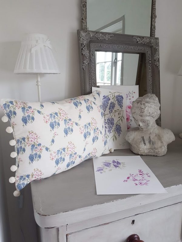 Wisteria and Roses Floral Linen Bolster with Ivory PomPoms