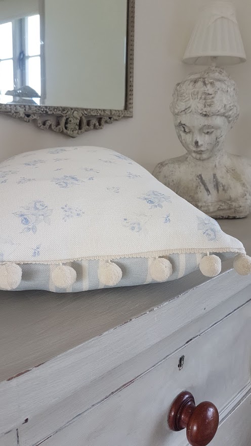 french faded roses and powder blue striped pompom linen bolster cushion