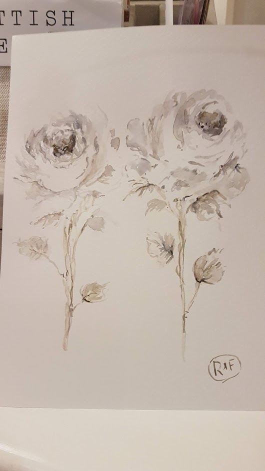 Antiqued Grey Roses Watercolour Painting by Rose and Foxgloves
