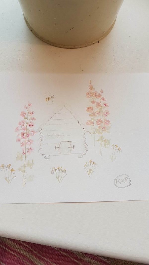 Beehive and Hollyhocks Painting by Rose and Foxgloves