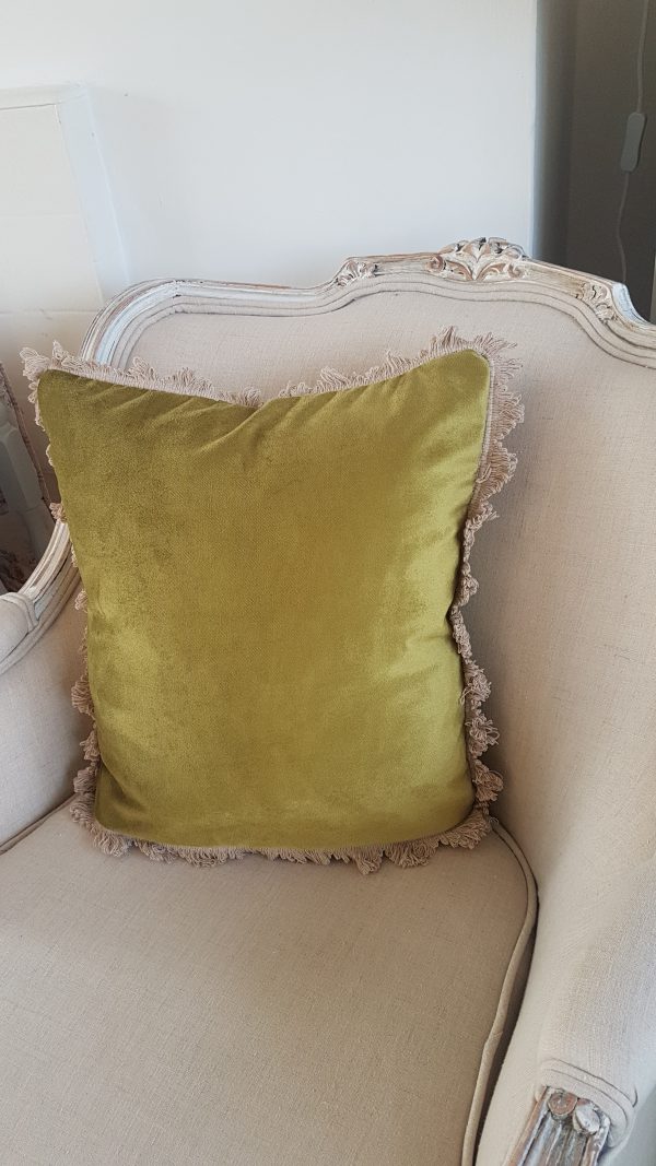 Velvet Cushion in Olive with Beech Fan Edge Trimming
