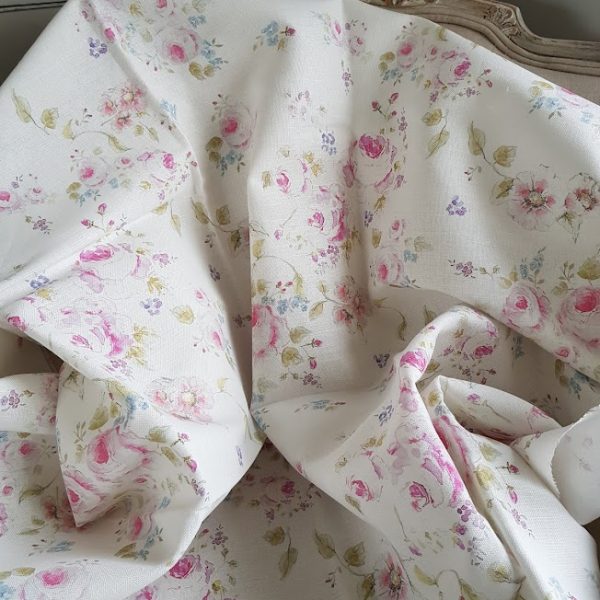 Roses and Clematis Floral Linen Fabric by Rose and Foxgloves