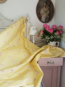 Little pink roses on yellow linen Fabric on a French bed by Rose and Foxgloves-3