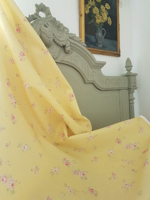 Little pink roses on yellow linen Fabric on a French bed by Rose and Foxgloves