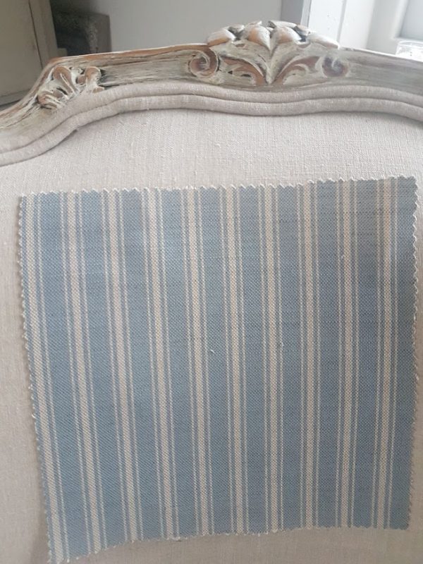 Naturals Collection Parma Blue Ticking Stripe on Natural Linen Gorgeous Parma Blue on a natural base. This one and grey are my favorites. Perfect for a vintage interior with antiques.  Repeat Width:2cm