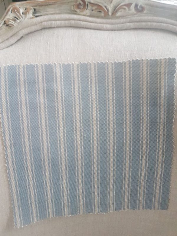 Naturals Collection Parma Blue Ticking Stripe on Natural Linen Gorgeous Parma Blue on a natural base. This one and grey are my favorites. Perfect for a vintage interior with antiques.  Repeat Width:2cm