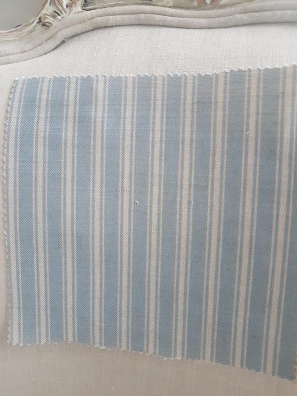 Naturals Collection Parma Blue Ticking Stripe on Natural Linen Gorgeous Parma Blue on a natural base. This one and grey are my favorites. Perfect for a vintage interior with antiques.  Repeat Width:2cm