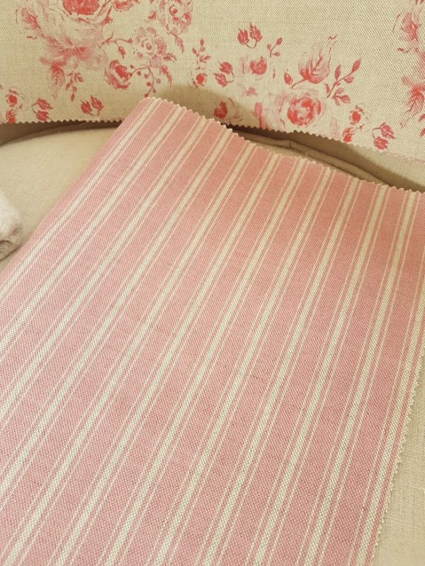 Provence pink ticking on natural linen fabric by rose and foxgloves