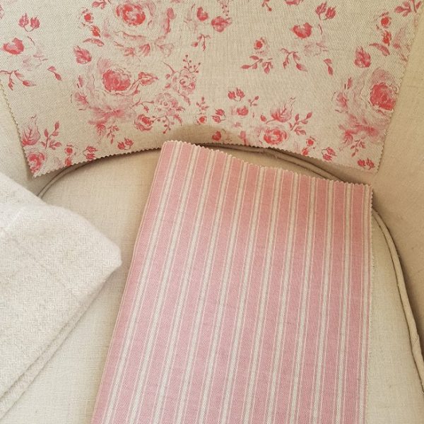 Provence pink ticking on natural linen fabric by rose and foxgloves