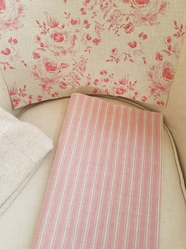 Provence pink ticking on natural linen fabric by rose and foxgloves