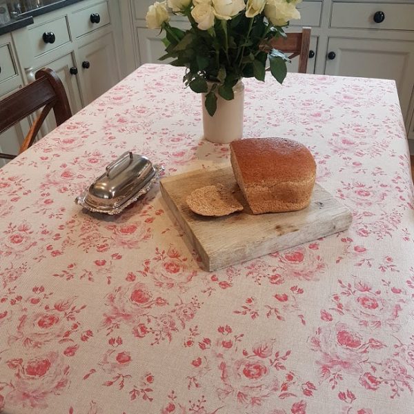 Provence Roses Tablecloth on Natural Linen by Rose and Foxgloves